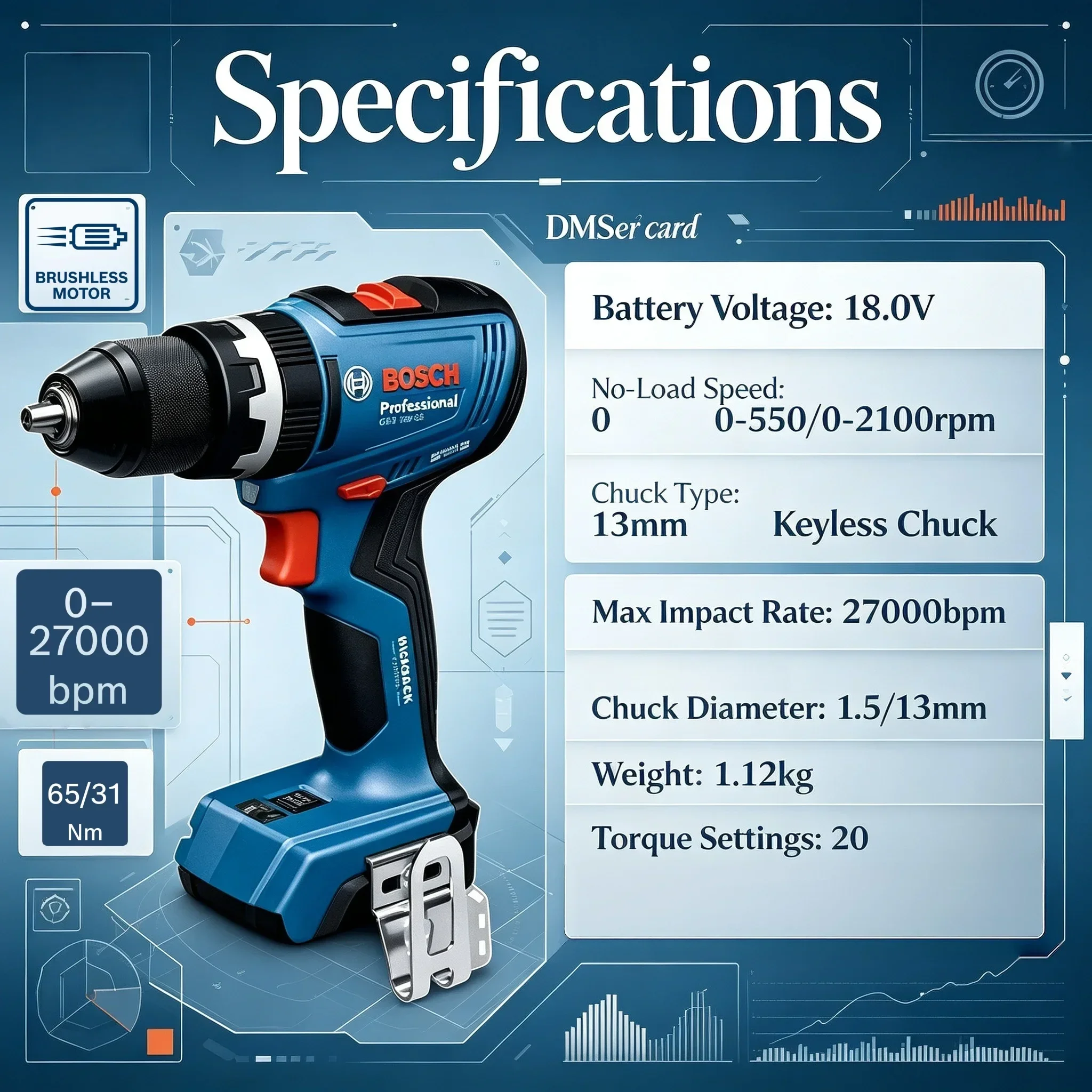 Bosch Drill Gsb 18V - بوش GSB 18V-65 أداة كهربائية احترافية،
